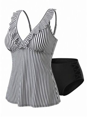YONIQUE Black & White Striped Ruffle Bikini Set XS